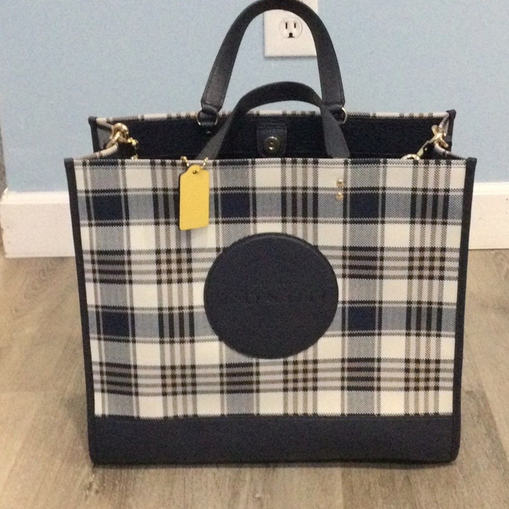 Large Coach Tote (navy, white, cream plaid)
